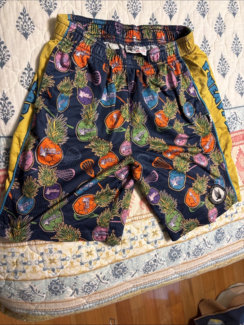Kids Pineapple Print Athletic Shorts - Navy & Yellow